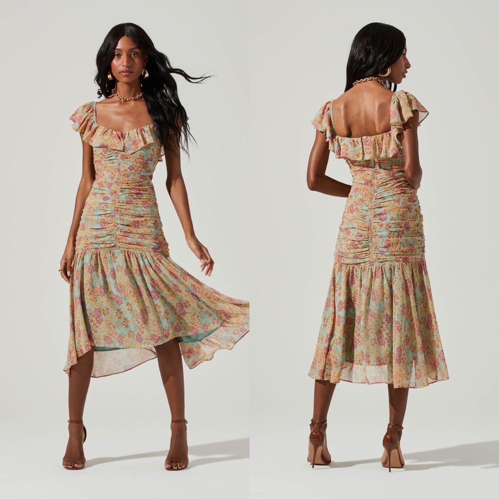 NWT ASTR The Label Devereaux Chiffon Cutout Midi Dress in Mint Coral Floral sz S
